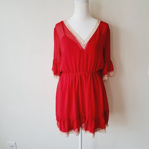 Bcbg Womens Dress NWT Pink Red Chiffon Ivory Lace Babydoll Mini Sz Small